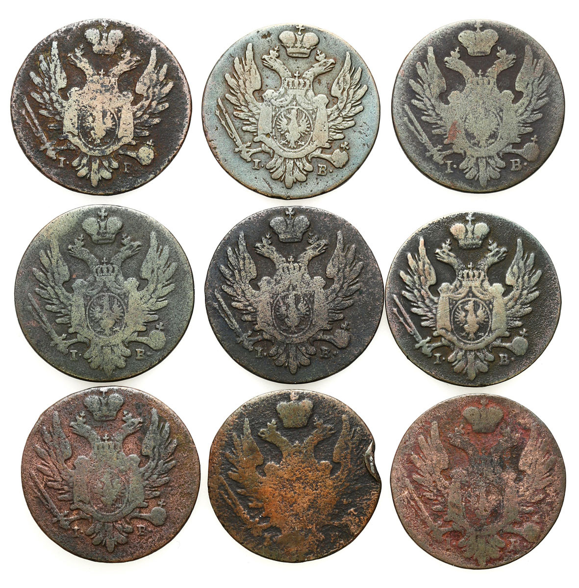 Polska XIX w./Rosja, Aleksander I. Grosz z miedzi krajowej 1822-1824, Warszawa, zestaw 9 monet